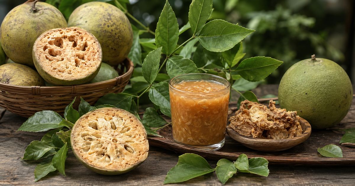 Bilva (Aegle marmelos) fruits, fresh trifoliate leaves and dried unripe fruit (belagiri), the principal medicinal parts described in Ayurveda. Revered as one of the sacred trees of the Indian tradition, Bilva has long been valued for its role in digestive health and as the foremost offering in the worship of Lord Shiva.